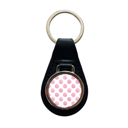 Light Pink Polka Dots White Background Black Leather Metal Keychain