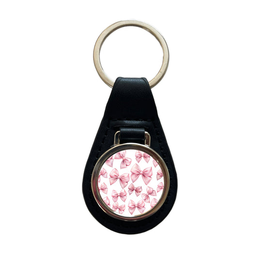 Light Pink Scattered Coquette Bows Watercolor Black Leather Metal Keychain