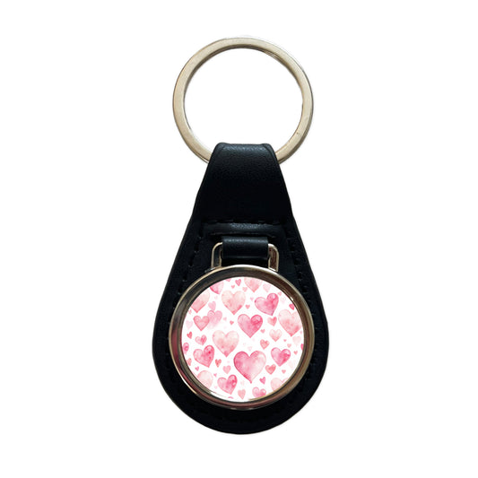 Light Pink Scattered Hearts Watercolor Black Leather Metal Keychain