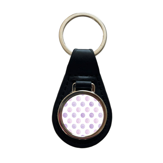 Light Purple Polka Dots White Background Black Leather Metal Keychain