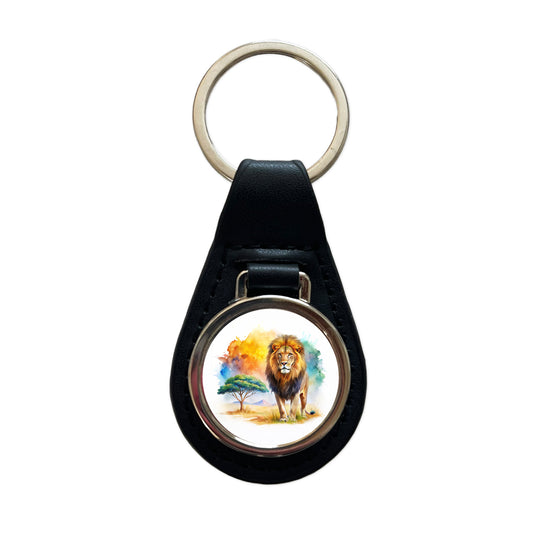 Lion African Plain Beautiful Watercolor Black Leather Metal Keychain