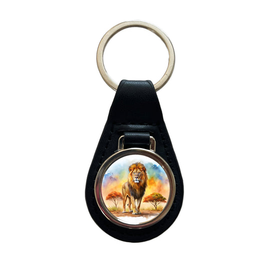 Lion African Plain Watercolor Black Leather Metal Keychain