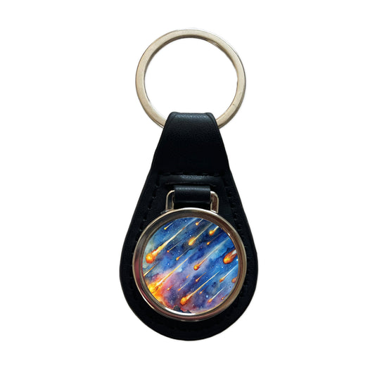 Meteors Watercolor Black Leather Metal Keychain