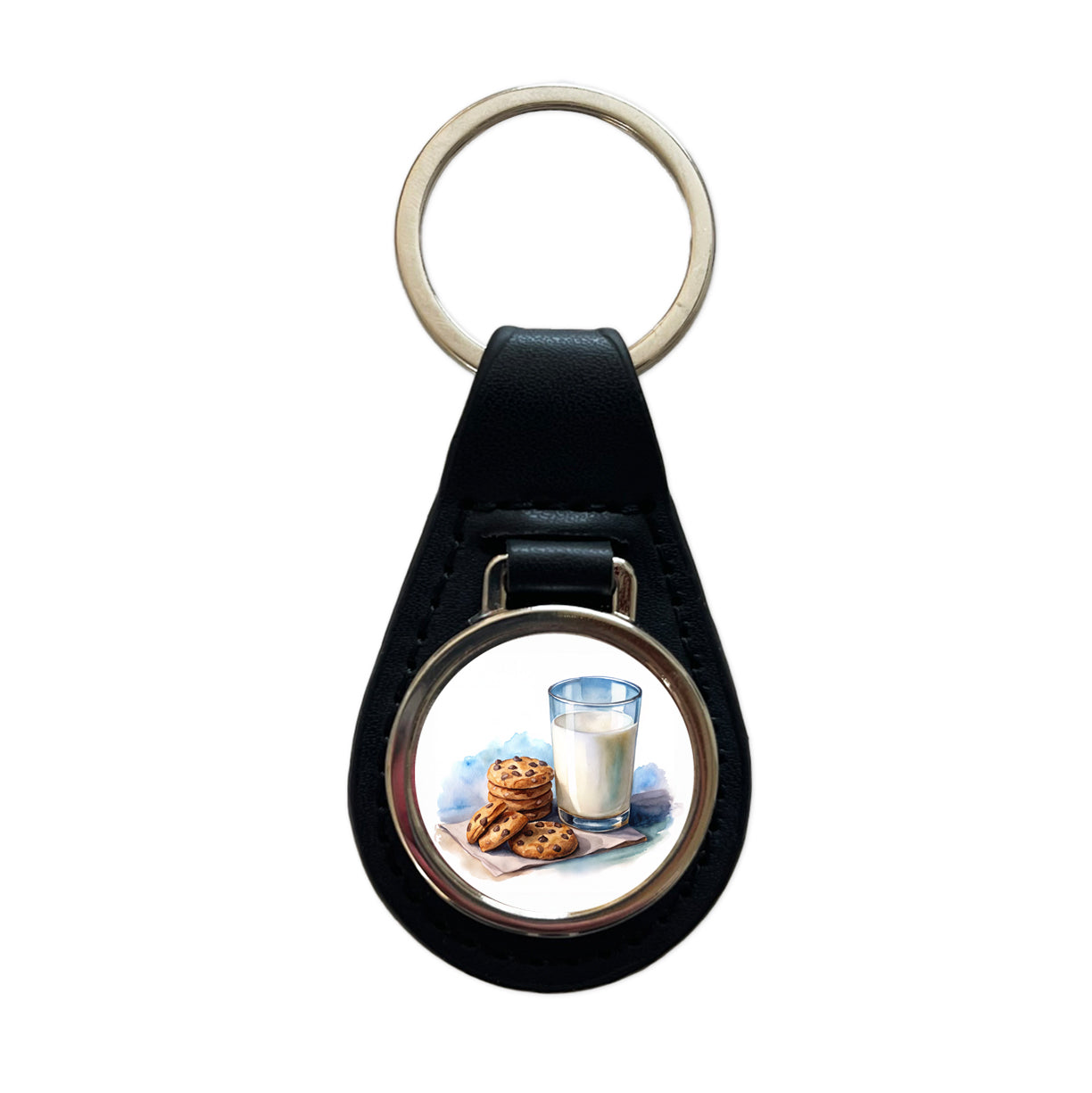 Milk Cookies Watercolor Black Leather Metal Keychain