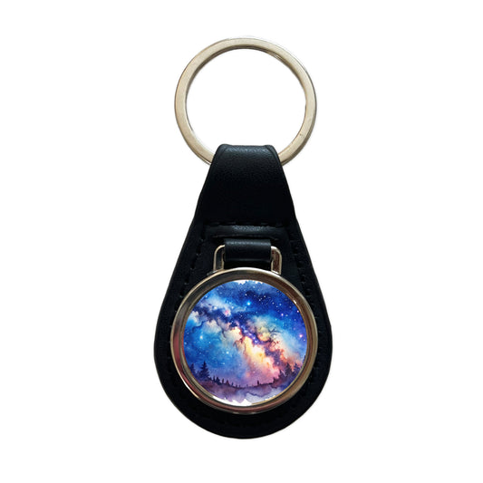 Milky Way Space Watercolor Design Stars Beautiful Black Leather Metal Keychain