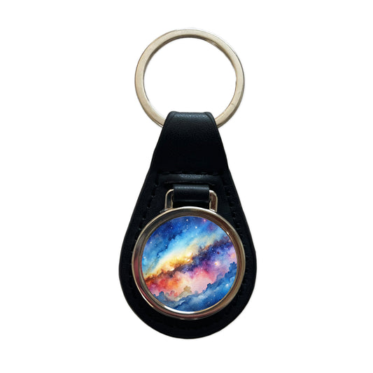 Milky Way Space Watercolor Design Stars Black Leather Metal Keychain