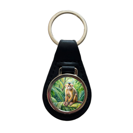 Monkey In Rainforest Watercolor Black Leather Metal Keychain