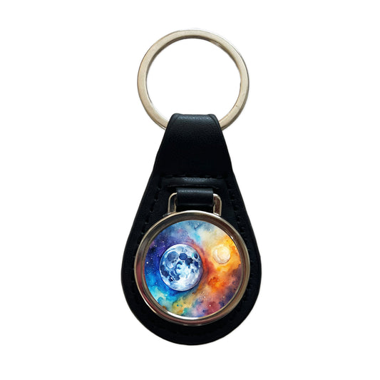 Moon Space Watercolor Design Astronomy Black Leather Metal Keychain