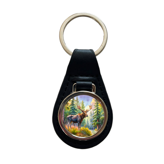Moose In Forest Watercolor Black Leather Metal Keychain