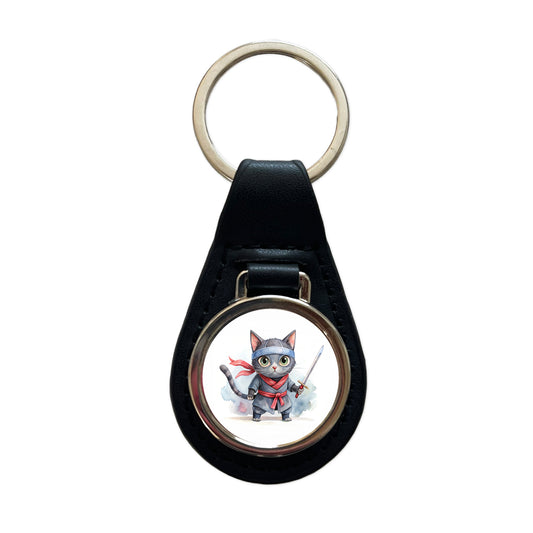 Ninja Cat Watercolor Black Leather Metal Keychain