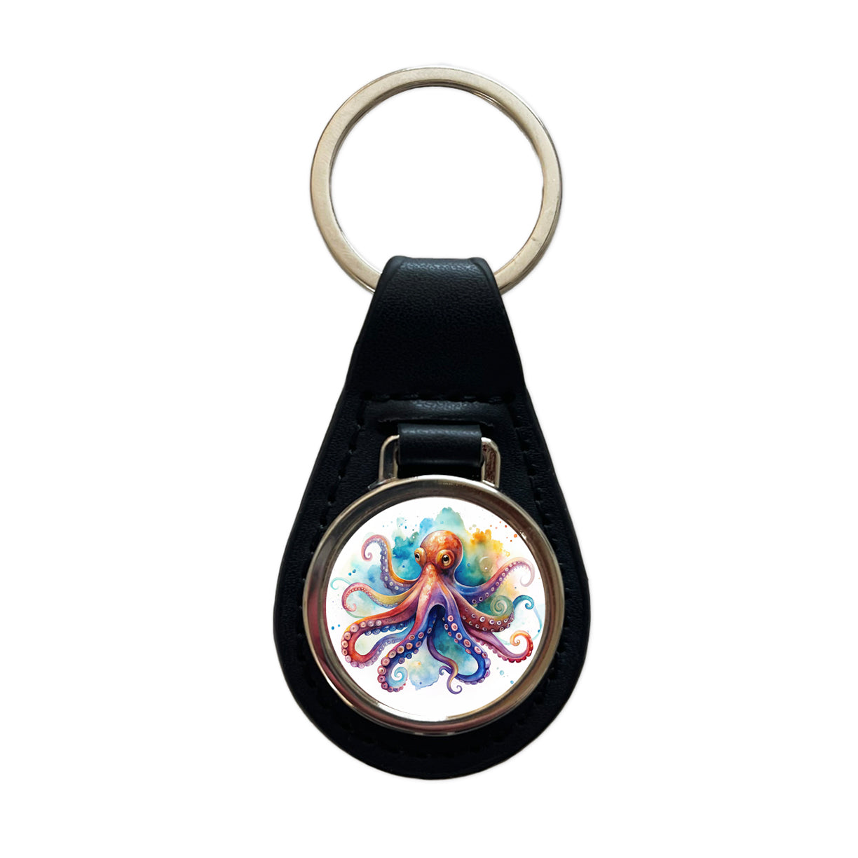 Octopus Watercolor Colorful Black Leather Metal Keychain