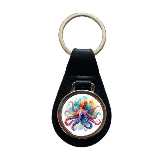 Octopus Watercolor Colorful Black Leather Metal Keychain