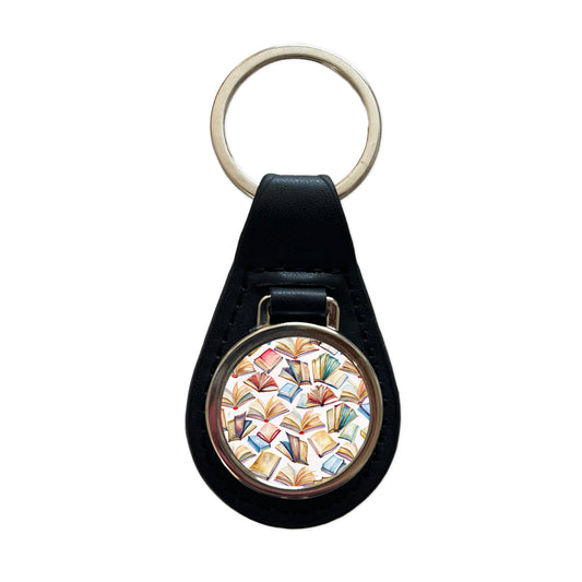 Open Books Watercolor Reader Reading Black Leather Metal Keychain