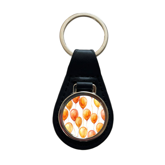 Orange Balloons Watercolor Birthday Black Leather Metal Keychain