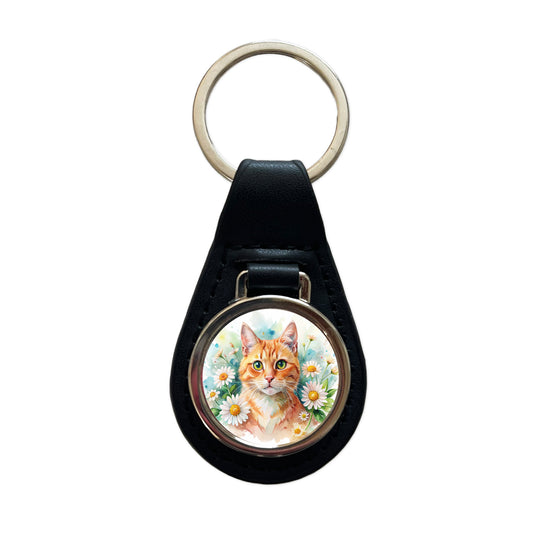 Orange Cat Watercolor Design With Daisies Black Leather Metal Keychain