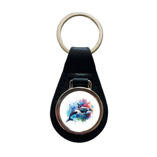 Orca Whale Colorful Watercolor Design Black Leather Metal Keychain