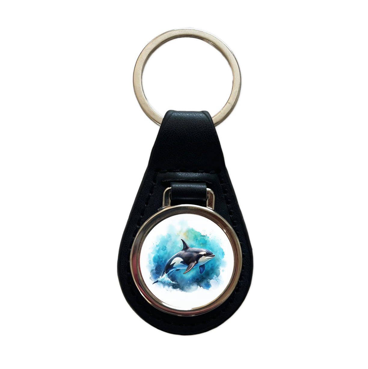 Orca Whale In Ocean Watercolor Design Black Leather Metal Keychain