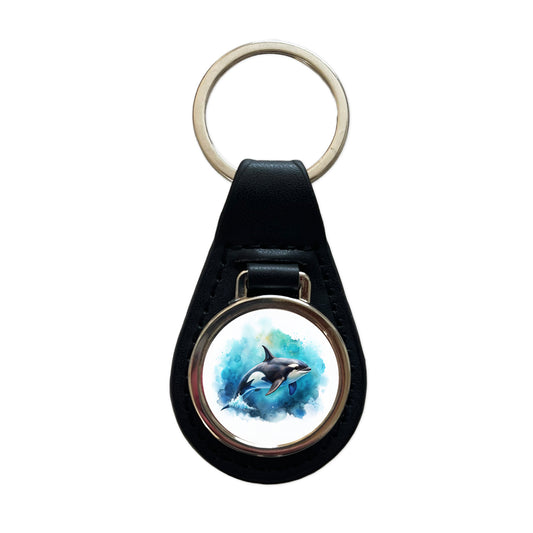 Orca Whale In Ocean Watercolor Design Black Leather Metal Keychain
