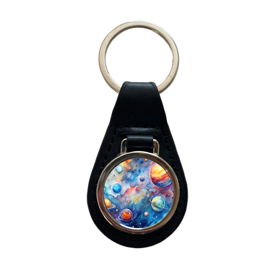 Outer Space Watercolor Astronomy Black Leather Metal Keychain