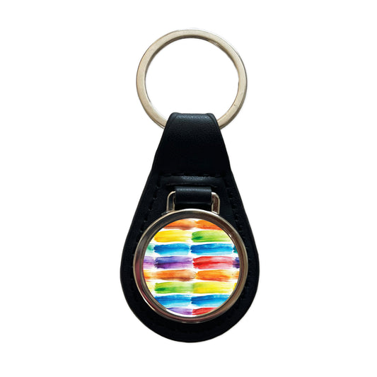 Paint Brush Strokes Watercolor Black Leather Metal Keychain