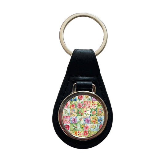 Patchwork Floral Quilt Quilter Sewing Watercolor Black Leather Metal Keychain