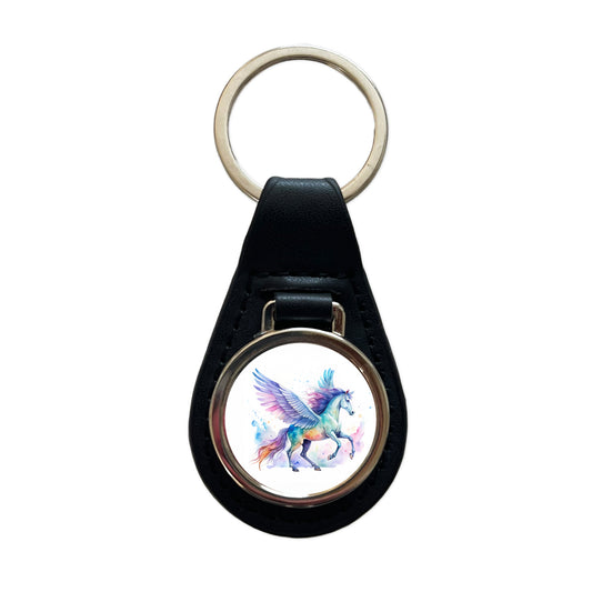 Pegasus Greek Mythology Watercolor Design Black Leather Metal Keychain