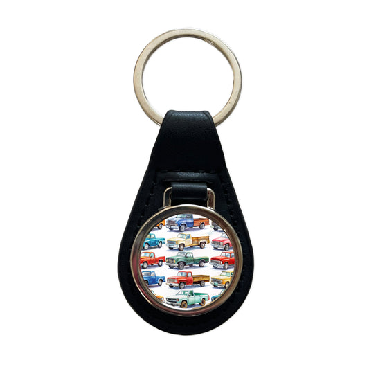 Pickup Trucks Watercolor Black Leather Metal Keychain