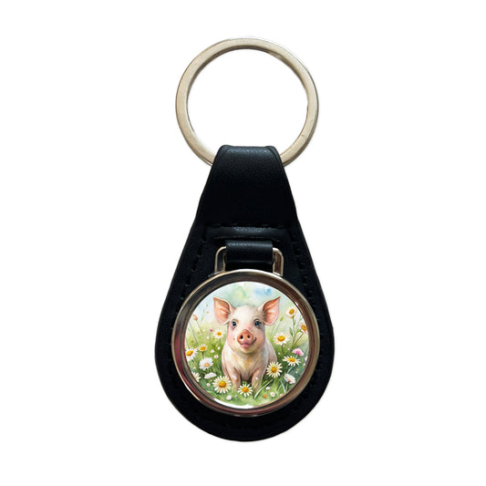 Pig In Daisies Watercolor Design Black Leather Metal Keychain