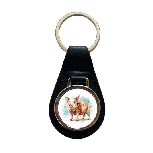 Pig Wearing A Sweater Watercolor Black Leather Metal Keychain