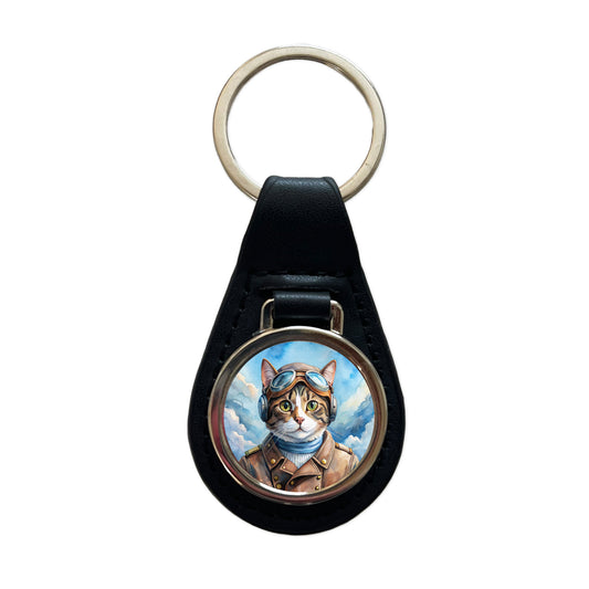 Pilot Cat Watercolor Black Leather Metal Keychain