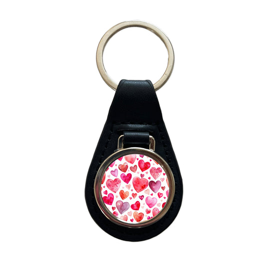 Pink And Red Scattered Hearts Watercolor Black Leather Metal Keychain