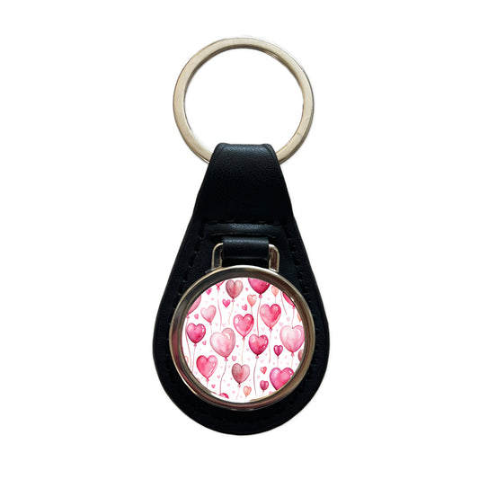 Pink Balloons Hearts Watercolor Birthday Valentine's Love Black Leather Metal Keychain