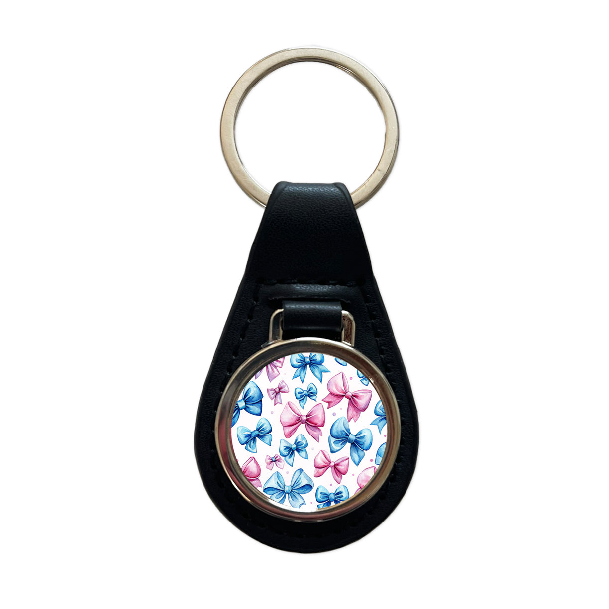 Pink Blue Scattered Coquette Bows Watercolor Black Leather Metal Keychain