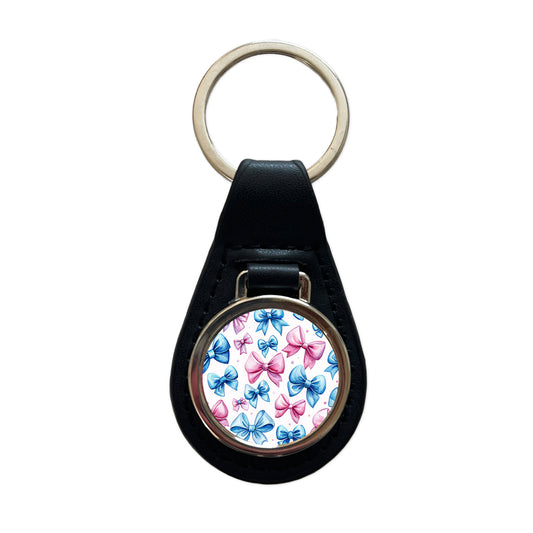 Pink Blue Scattered Coquette Bows Watercolor Black Leather Metal Keychain