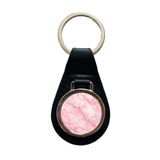 Pink Marble Background Watercolor Black Leather Metal Keychain