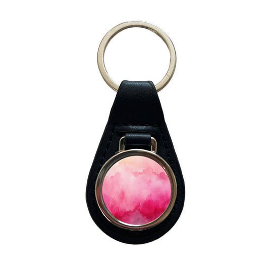 Pink Ombre Watercolor Black Leather Metal Keychain