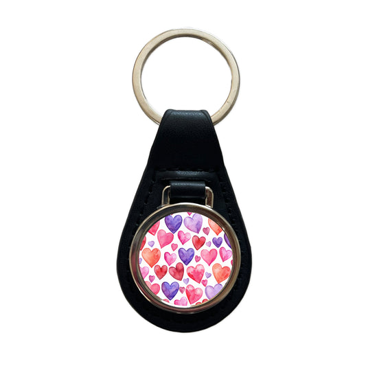 Pink Red Purple Hearts Watercolor Black Leather Metal Keychain