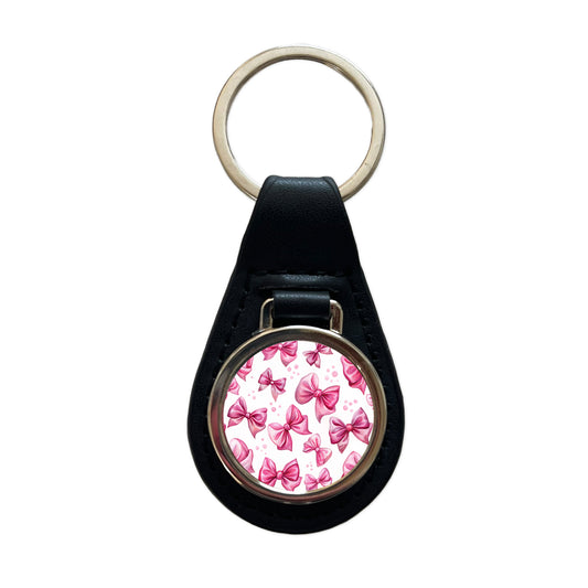 Pink Scattered Coquette Bows Watercolor Black Leather Metal Keychain