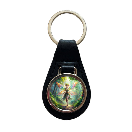Pixie Fairy Forest Fantasy Beautiful Watercolor Black Leather Metal Keychain