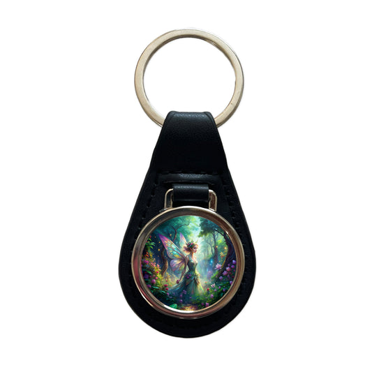Pixie Fairy Forest Fantasy Watercolor Design Black Leather Metal Keychain