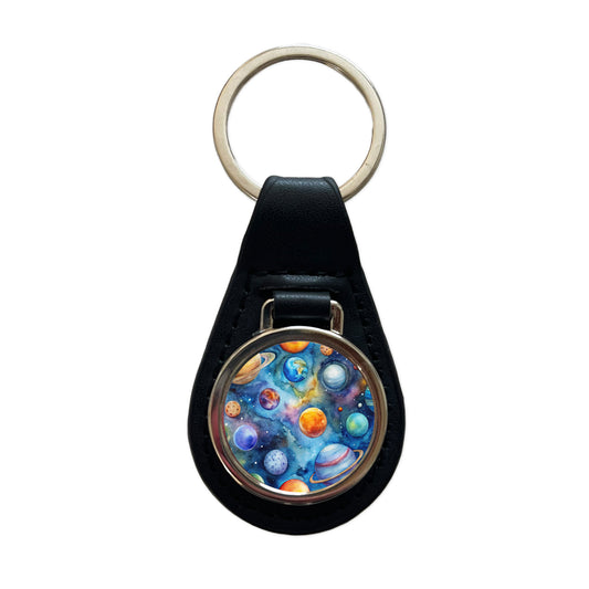 Planets Outer Space Astronomy Watercolor Black Leather Metal Keychain