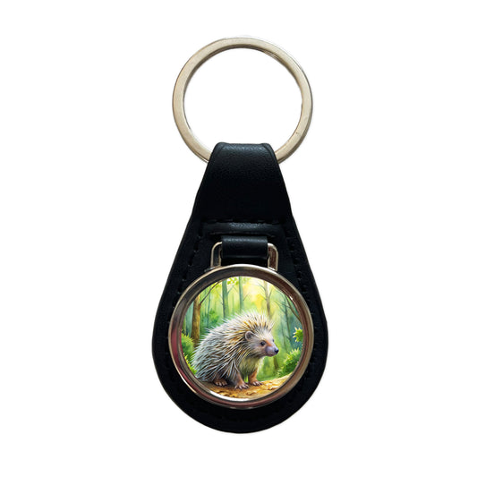 Porcupine In Forest Watercolor Black Leather Metal Keychain