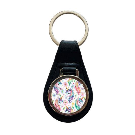 Pretty Unicorn Faces Watercolor Black Leather Metal Keychain