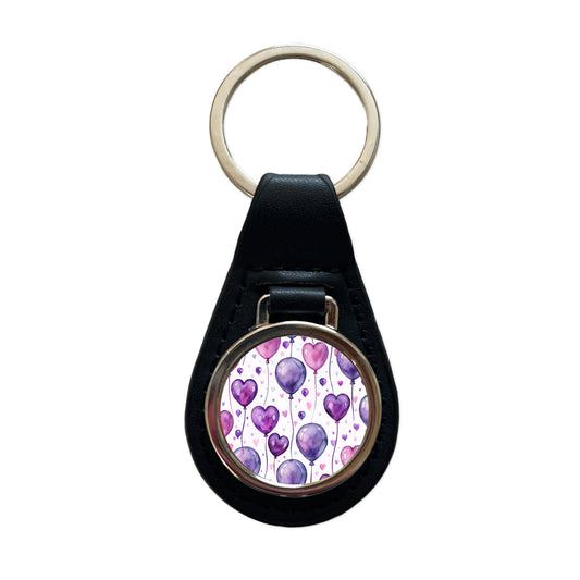 Purple Balloons Hearts Watercolor Birthday Black Leather Metal Keychain