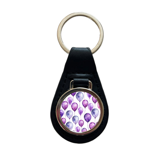 Purple Balloons Watercolor Birthday Black Leather Metal Keychain