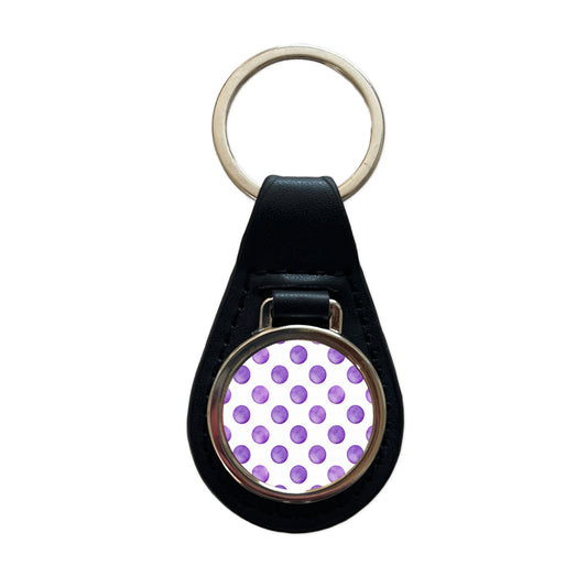 Purple Polka Dots White Background Black Leather Metal Keychain