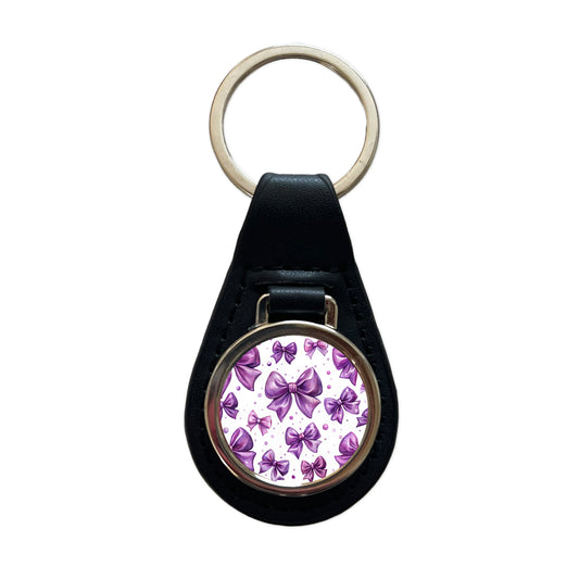 Purple Scattered Coquette Bows Watercolor Black Leather Metal Keychain