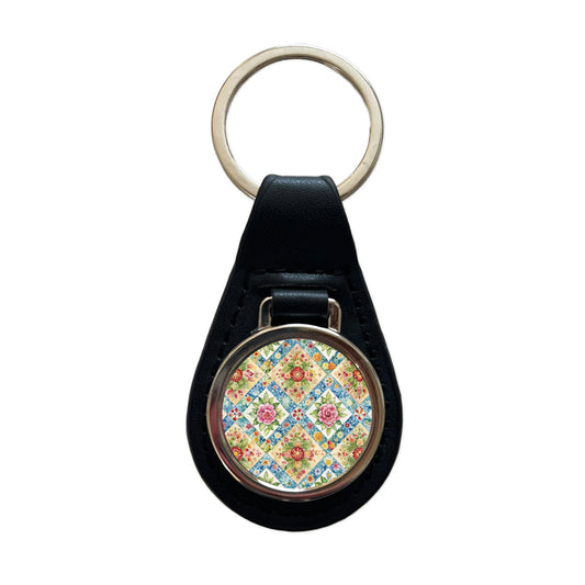 Quilt Floral Pattern Quilter Sewing Black Leather Metal Keychain