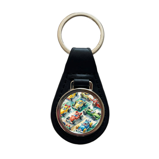 Race Cars Watercolor Black Leather Metal Keychain