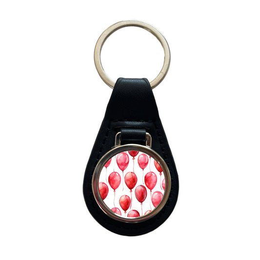 Red Balloons Watercolor Birthday Black Leather Metal Keychain
